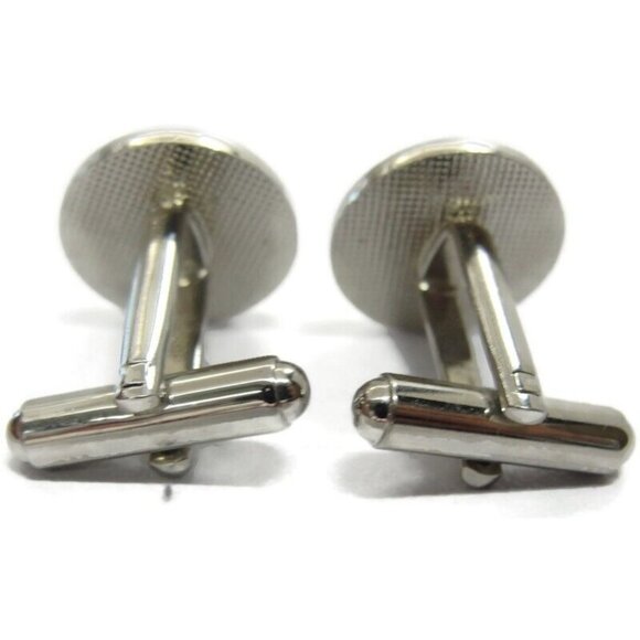 Silver Tone Black Round Cufflinks Wedding Tux Vintage - Picture 5 of 9